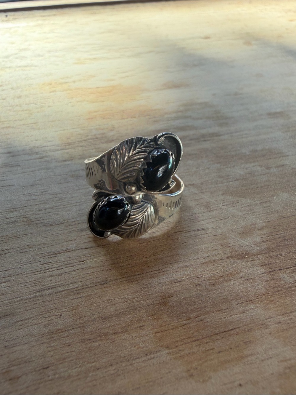 Sterling Silver Black Onyx Leaf Wrap Ring